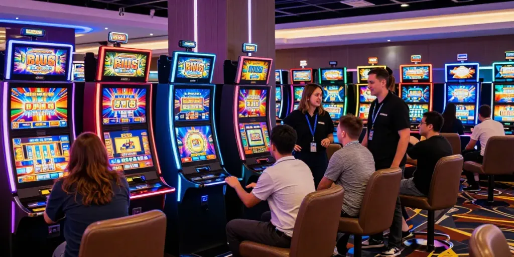 Exciting gaming experience at a modern casino featuring slot88 machines and players