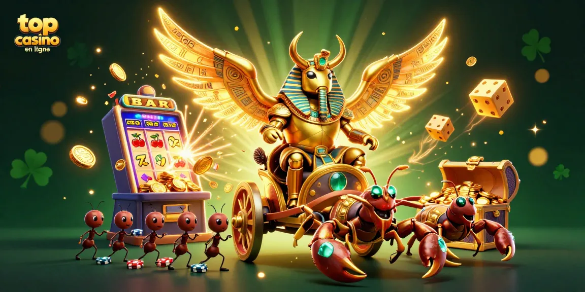 Visitez le meilleur casino en ligne avec des éléments colorés et un scarabée d'or en action.