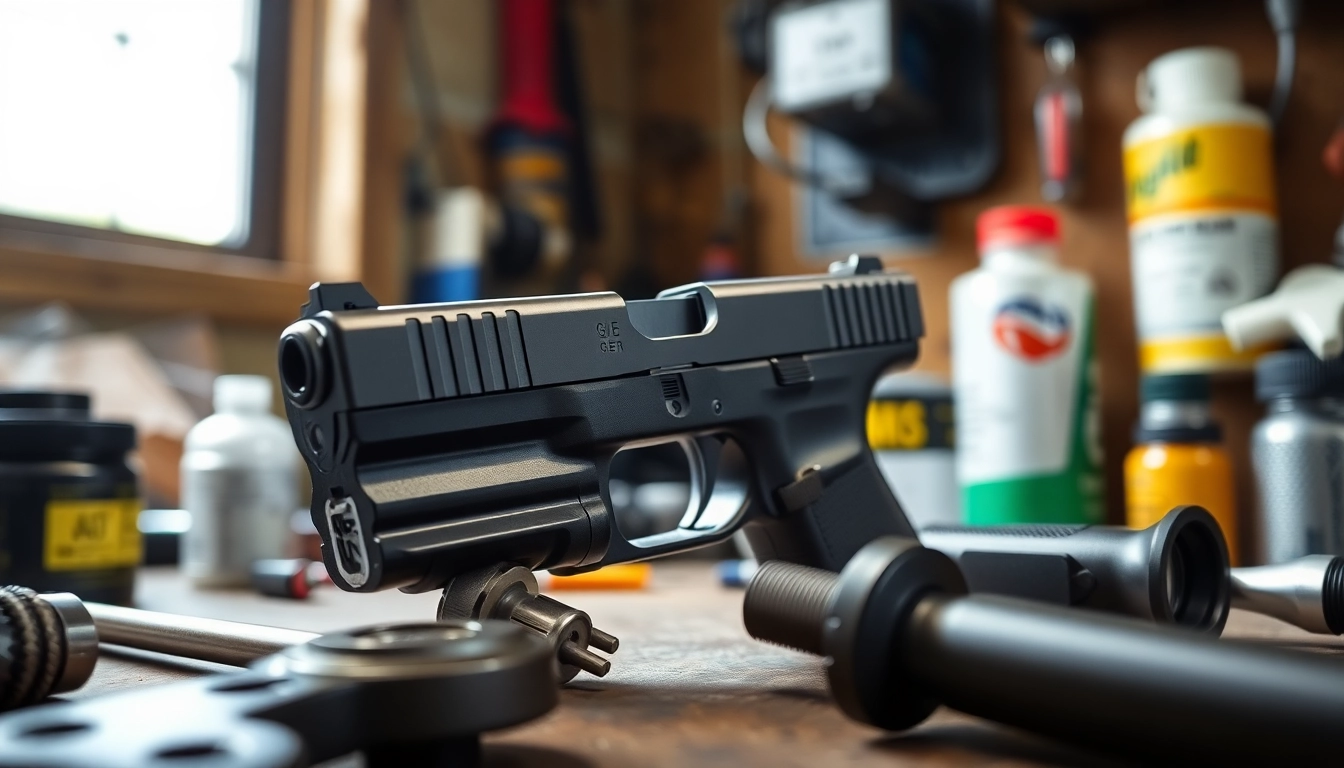 Showcasing a glock 19 gen 3 slide in a workshop, capturing its metallic features and precision machining.