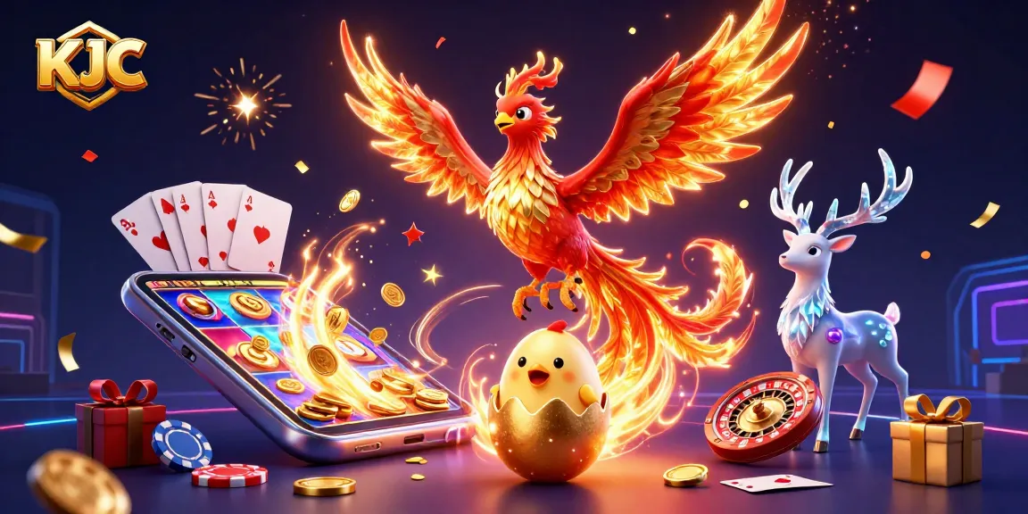 Experience thrilling gaming with KJC as a golden phoenix hatches amidst vibrant casino elements.