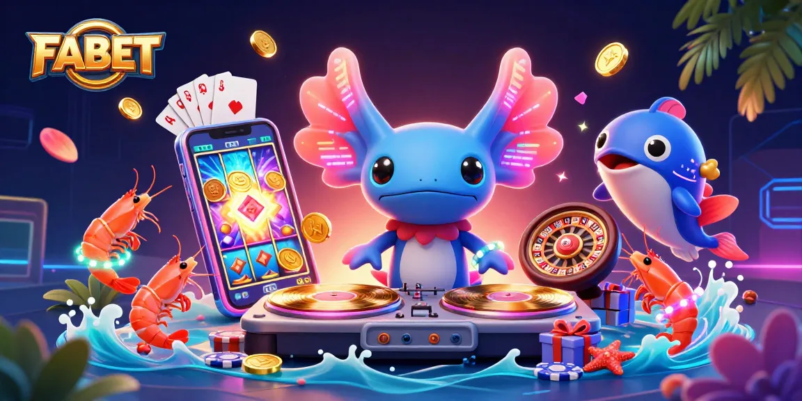 Spin colorful slots and win with FABET's energetic casino crew illustration.