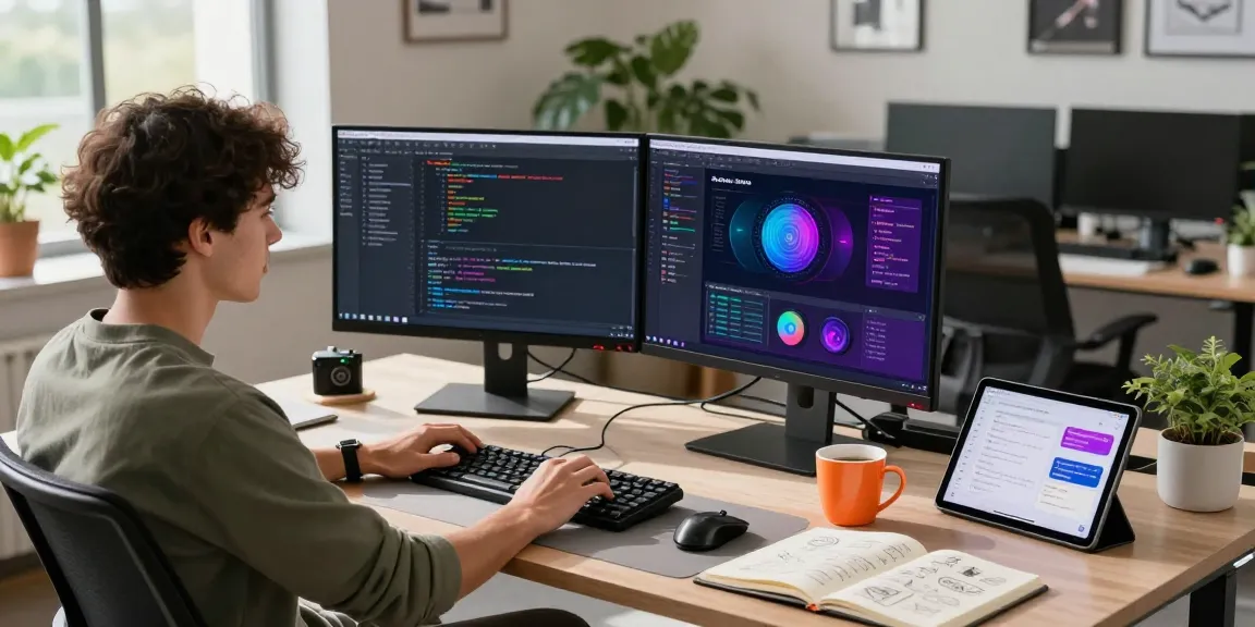 Developer focused on building internal tools with AI at a modern workspace, showcasing coding on dual monitors.