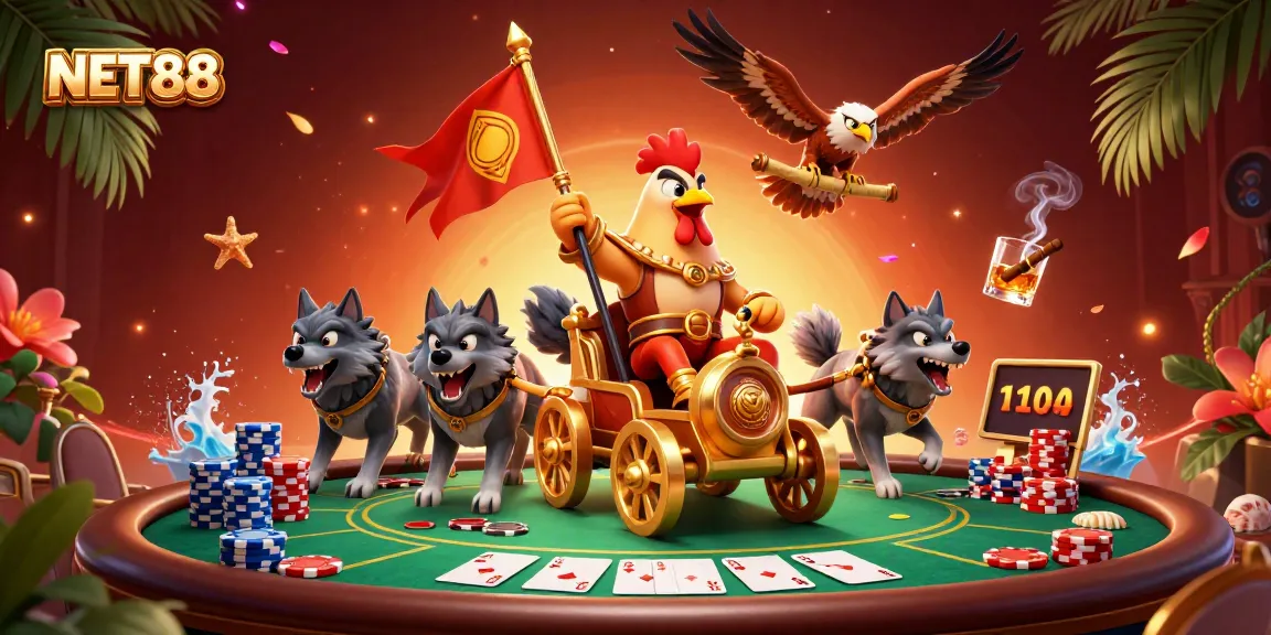 Join NET88 in an exciting poker showdown with a rooster warlord amidst vibrant casino elements.
