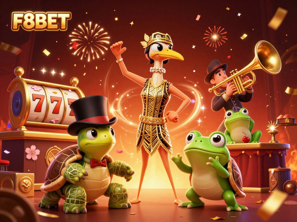Experience the thrilling slots at F8BET with interactive characters in a dynamic casino scene.