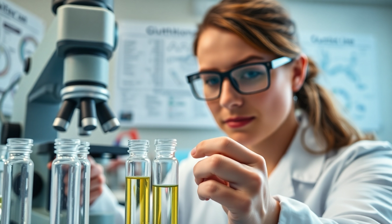 Analyzing glutathione peptide in a professional laboratory setup with vials and equipment.
