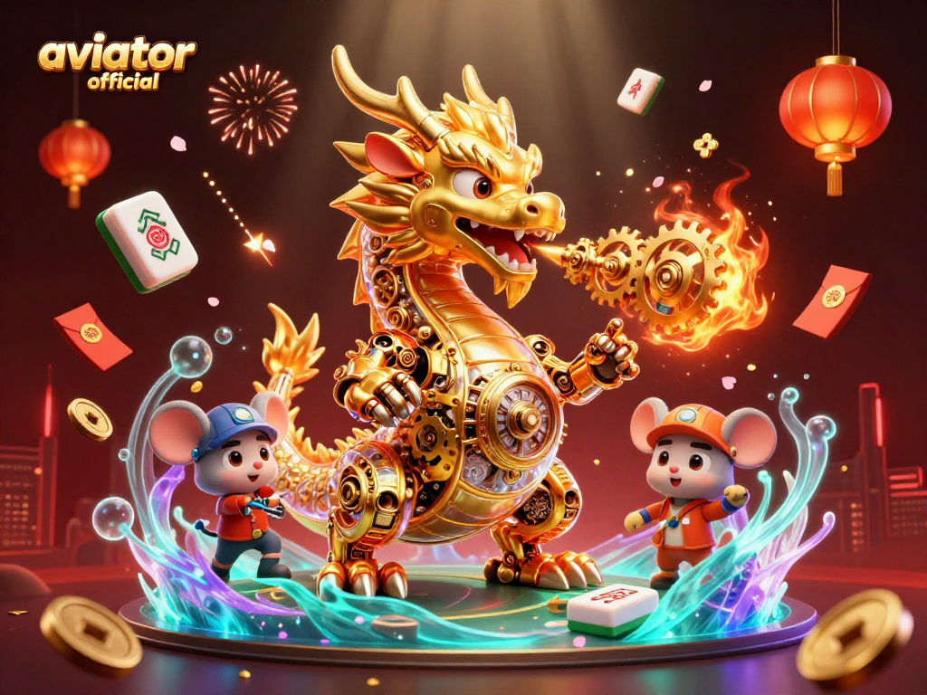 Aviator official showcases a golden dragon and mouse engineer in a vibrant casino setting.