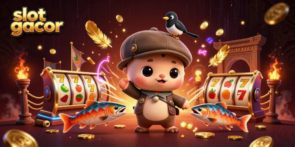 Engaging scene showcasing slot gacor elements with cartoon Nessie and shimmering gold accents.