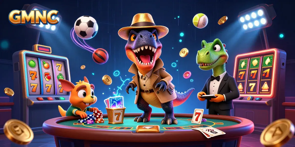 GMNC showcases a velociraptor card counter at a blackjack table surrounded by dramatic casino elements.
