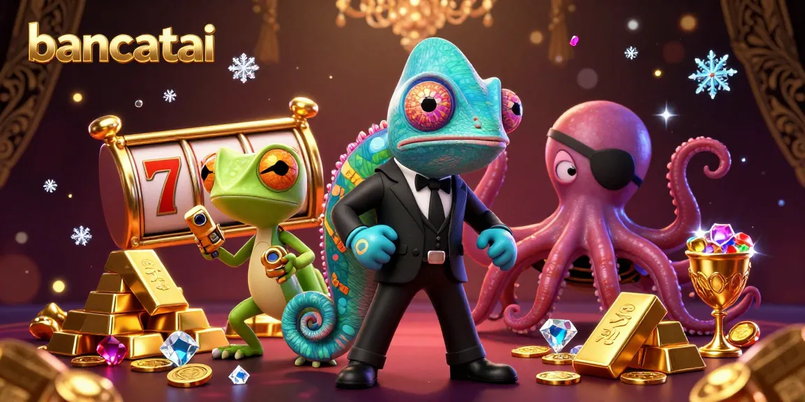 Exciting 3D illustration of the bancatai experience featuring a secret agent chameleon amidst slot reels and treasures.