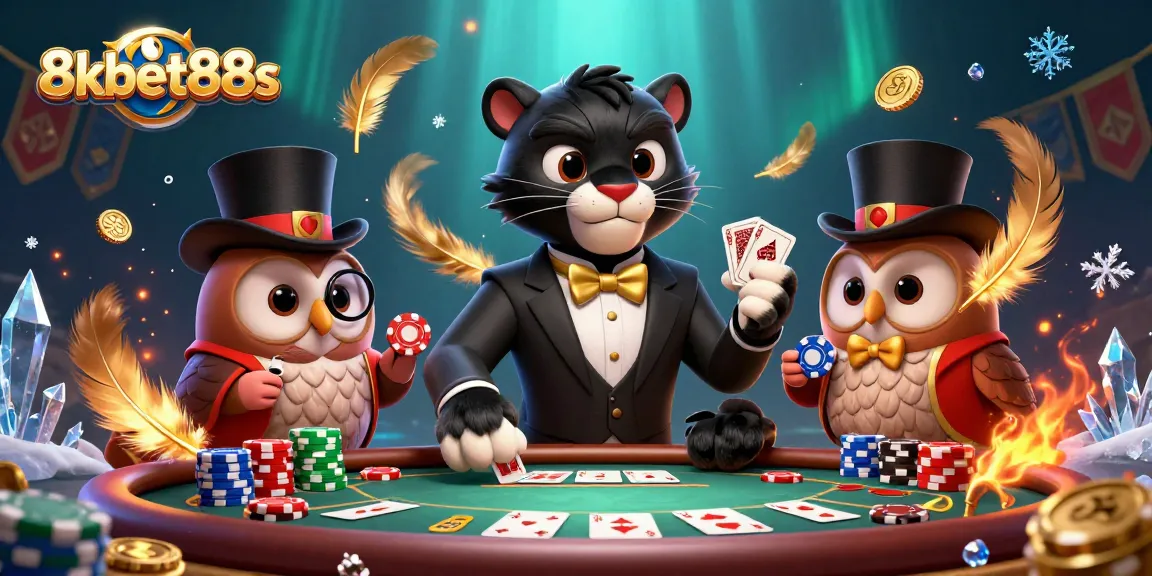8kbet88s showcases a black panther dealer at a poker table brimming with chips and cards.