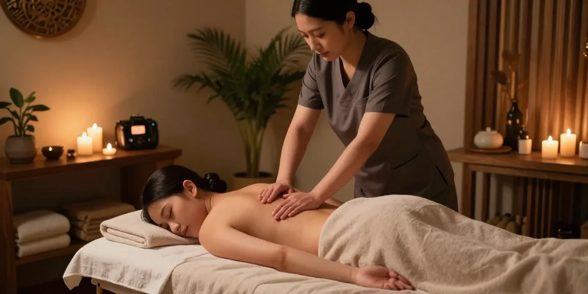 스웨디시 마사지 중인 모습, 편안한 분위기의 스파 환경에서 마사지 치료사가 고객에게 마사지를 제공하는 장면