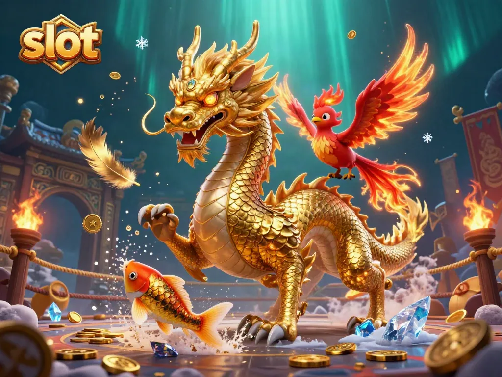 Slot yang mendebarkan dengan naga emas, phoenix, dan ikan koi melompat melalui koin dalam atmosfer kasino yang megah.