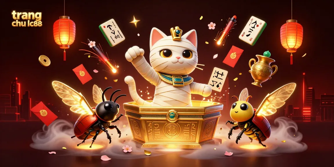 Engage in gaming excitement at trang chu lc88 with a captivating 3D illustration of a mummy cat and treasures.