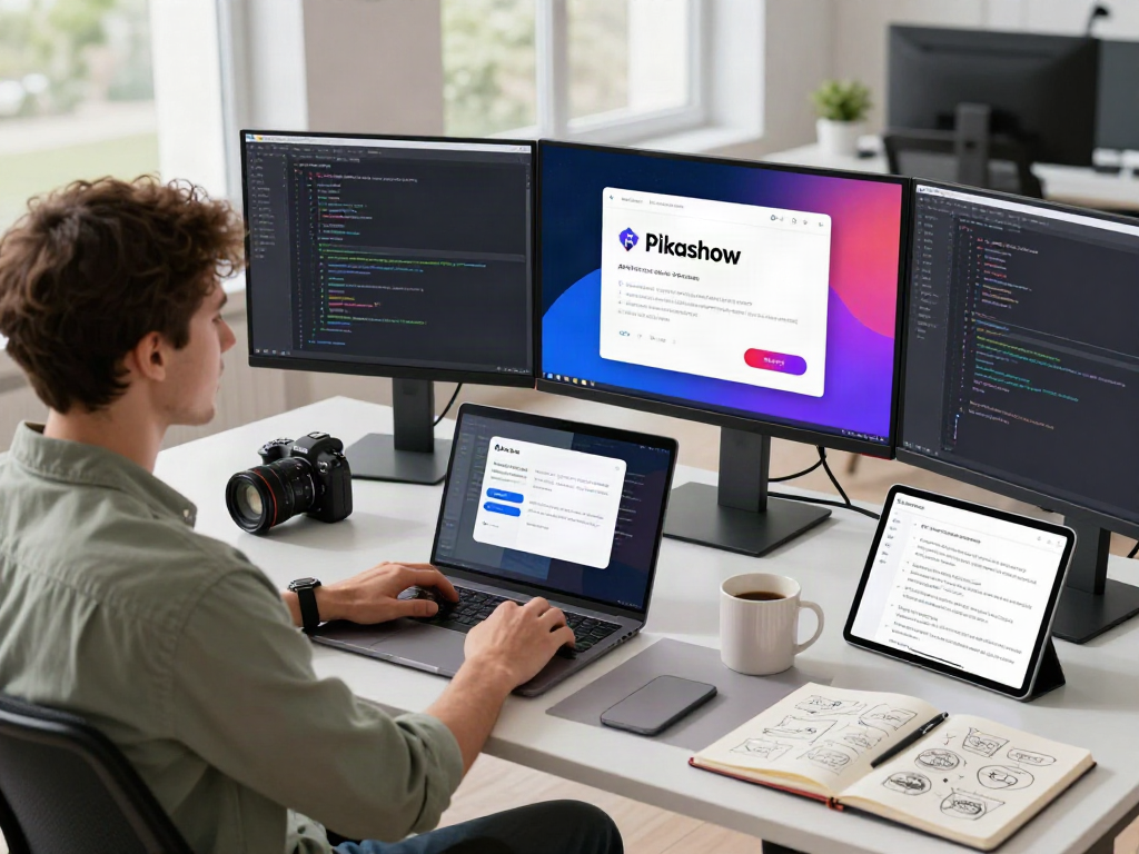 Pikashow APK download interface on multiple screens in a vibrant workspace.