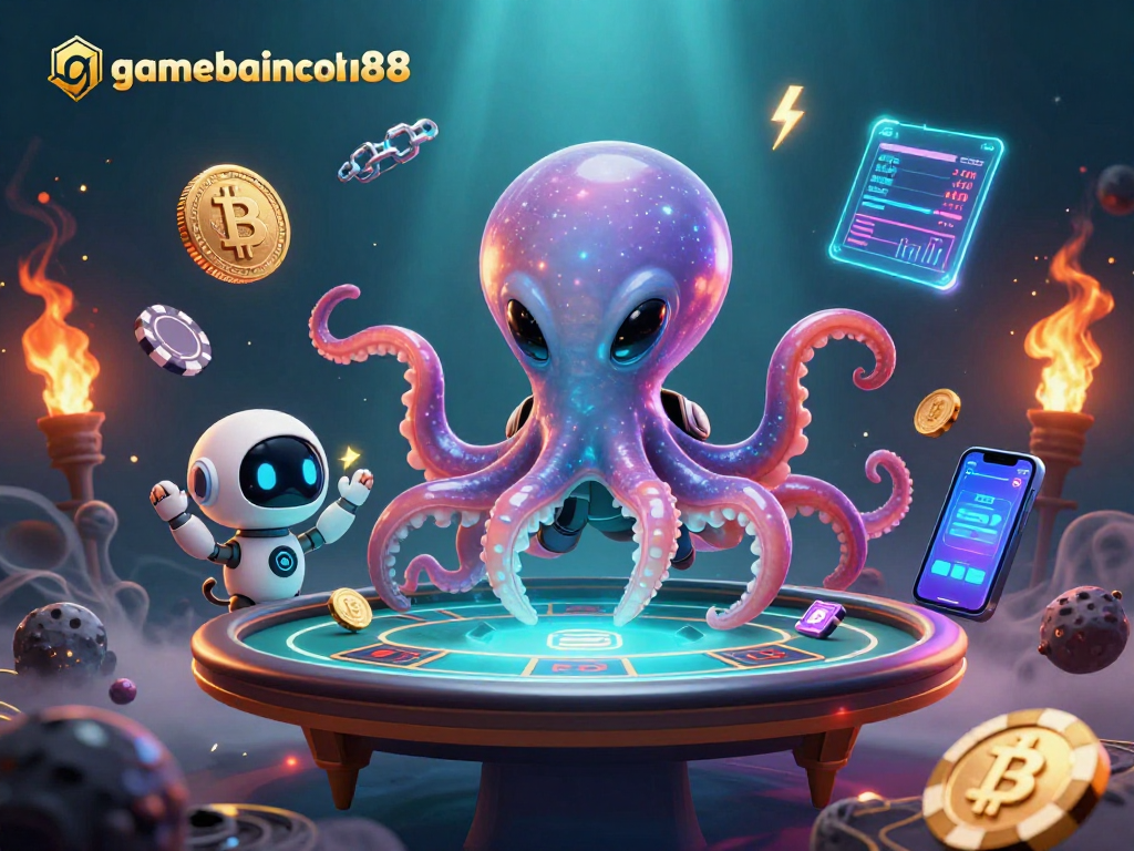 Engage with gamebainohu88 and revel in an exciting poker scene featuring an alien octopus at a holographic table.