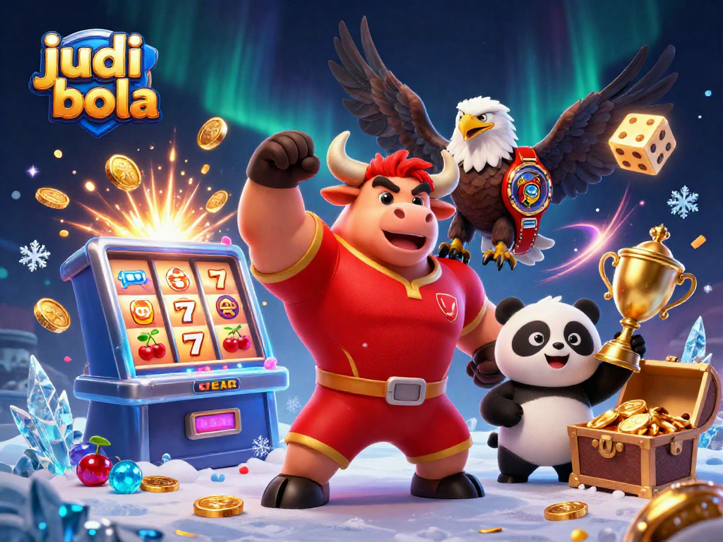 A dynamic scene of judi bola action featuring a victorious bull, eagle, and panda with casino symbols.