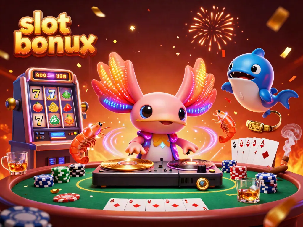 Celebrate winning with the vibrant slot bonus scene featuring a DJ axolotl and friends in a casino.