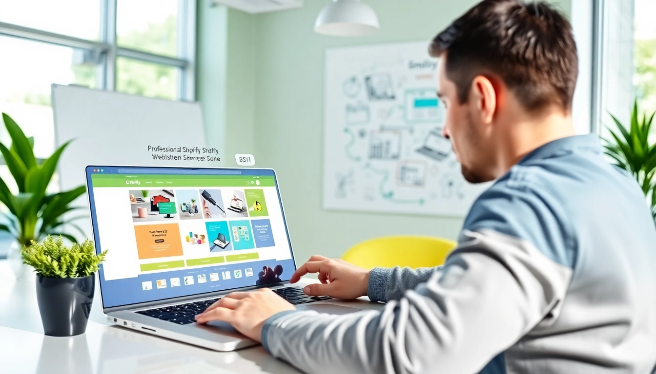 Showcasing Shopify website development services in a professional office setting with a designer at work.
