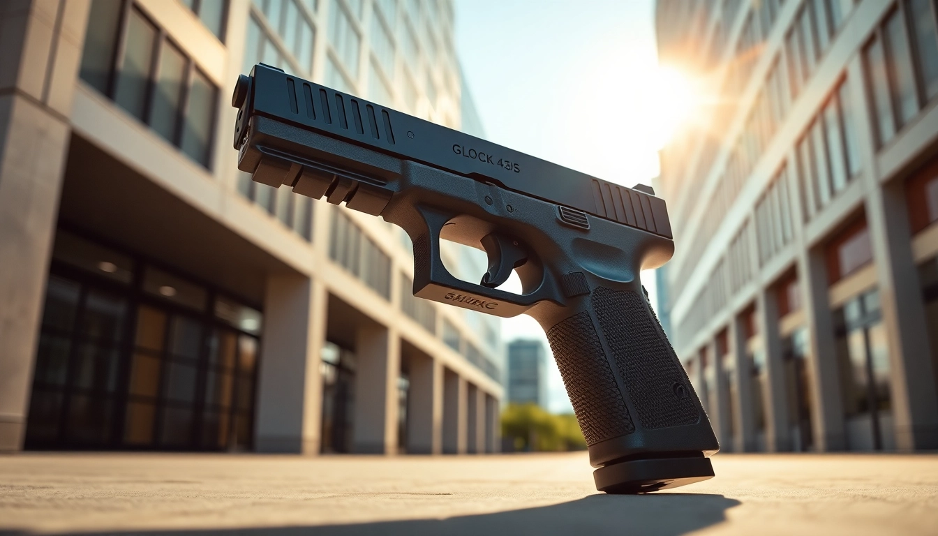 Showcase of Glock 43X MOS in urban setting highlighting its sleek design and features.