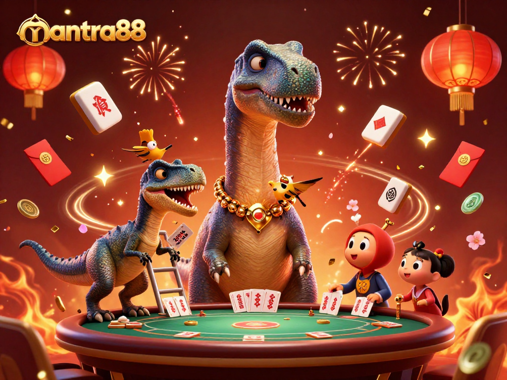 Experience mantra88 casino excitement with a colossal brontosaurus and clever raptor at a vibrant poker table.
