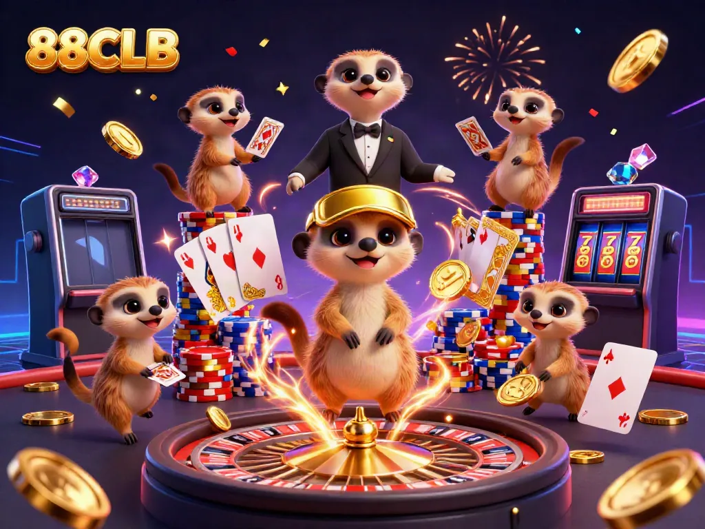 Engage with 88CLB's vibrant online casino scene featuring playful meerkats in a dynamic 3D illustration.