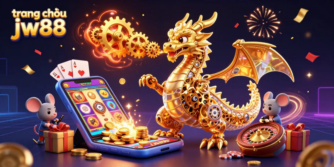 Experience exciting slots and games at trang chủ jw88 with a biomechanical dragon and vibrant casino elements.