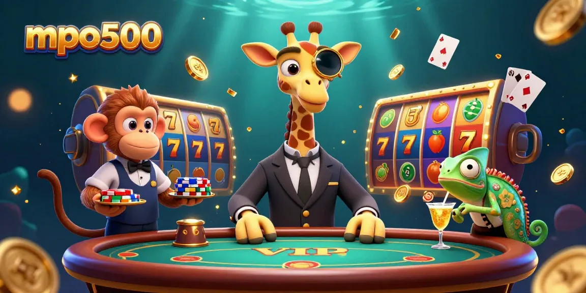Join the high-rolling giraffe and friends at mpo500, indulging in thrilling casino action with vibrant slot games and sparkling coins.