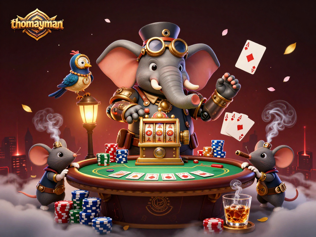 Thomayman showcases dynamic gambling action with a steampunk elephant at a slot machine, rich with colorful casino elements.