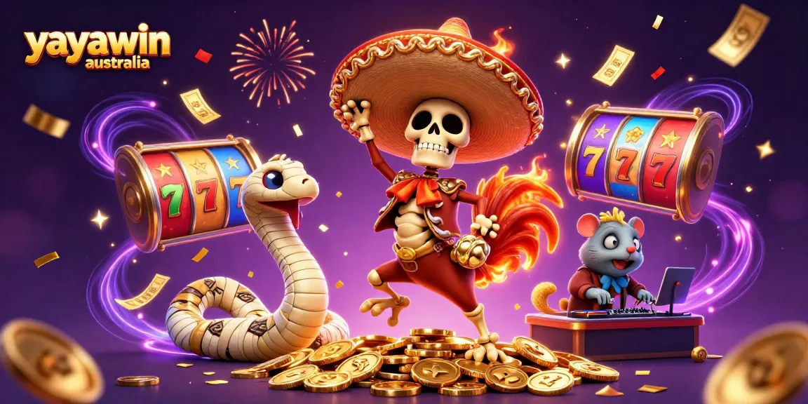 Experience the vibrant excitement of yayawin australia with a dynamic casino-themed illustration featuring lively characters and iconic game elements.
