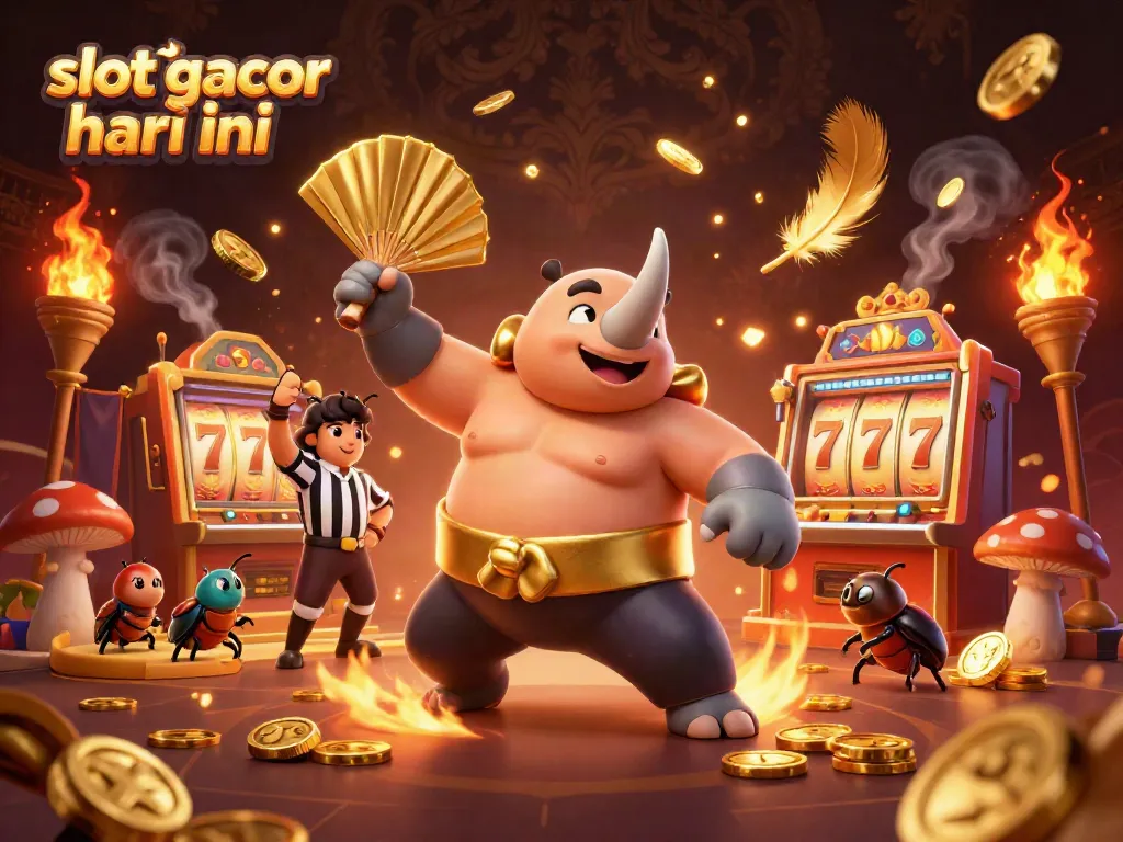 Ilustrasi slot gacor hari ini menampilkan kejuaraan sumo dengan karakter khas dalam latar belakang kasino.