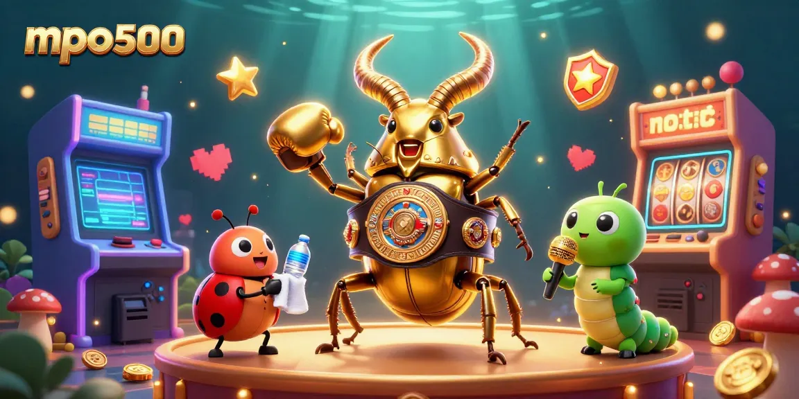 Experience the excitement of mpo500 with a golden stag beetle champion and vibrant casino elements.