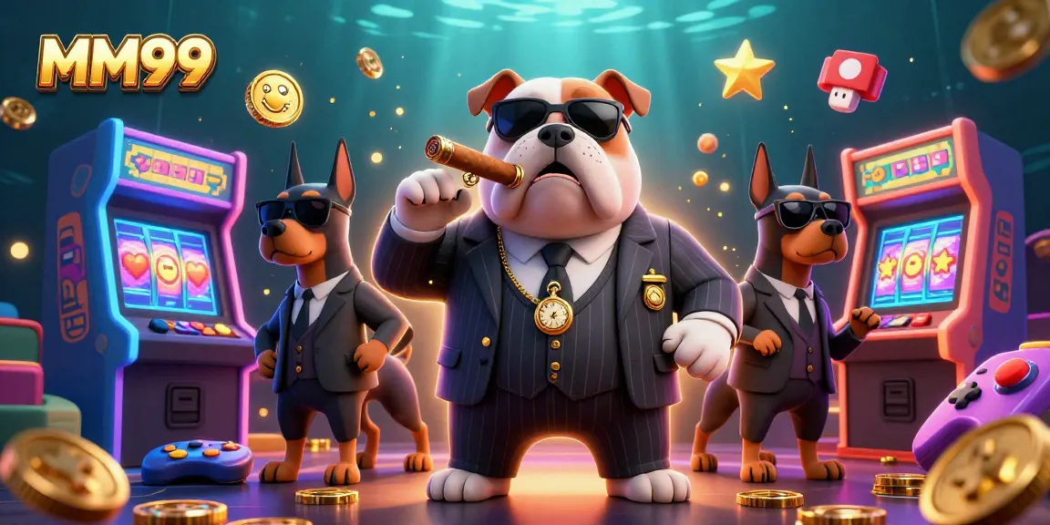 Play thrilling slots at MM99 with an animated mafia boss bulldog amidst casino excitement.