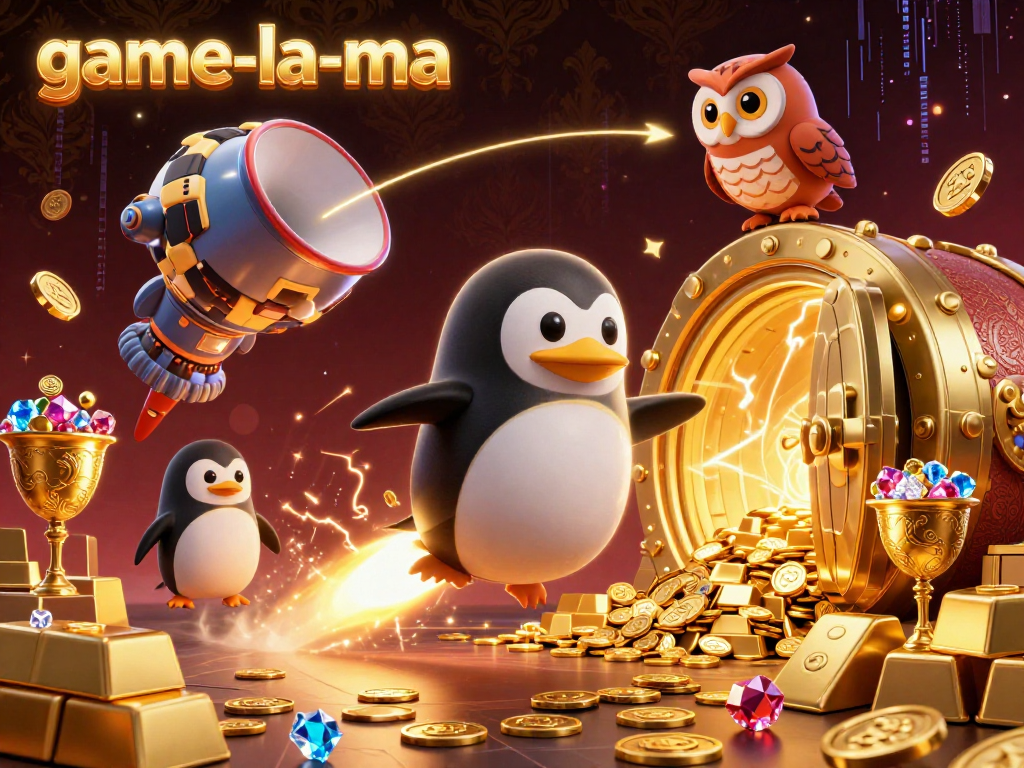 Win big with game-la-ma's adventurous golden penguin at the dynamic casino space station.