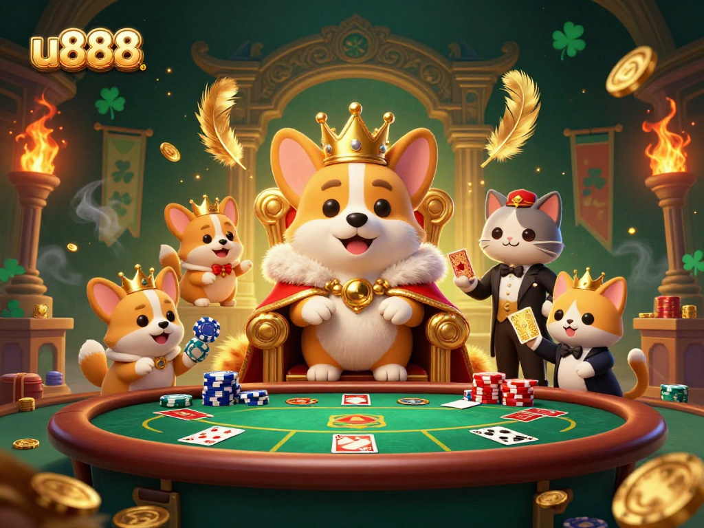 Experience the excitement at u888 with an illustrated royal corgi gambling scene, showcasing vibrant casino elements.