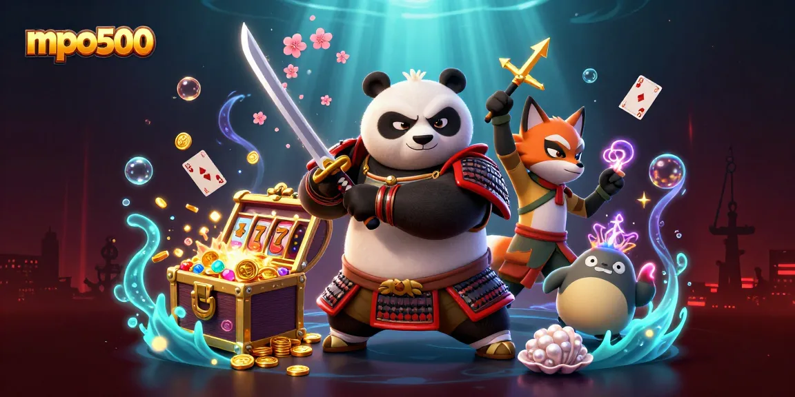 Engage with mpo500's thrilling gaming world featuring a vibrant 3D scene of samurai panda and ninja fox.