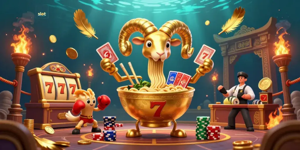 Slot permainan menyenangkan dengan karakter ramen raksasa dan simbol beruntun emas.