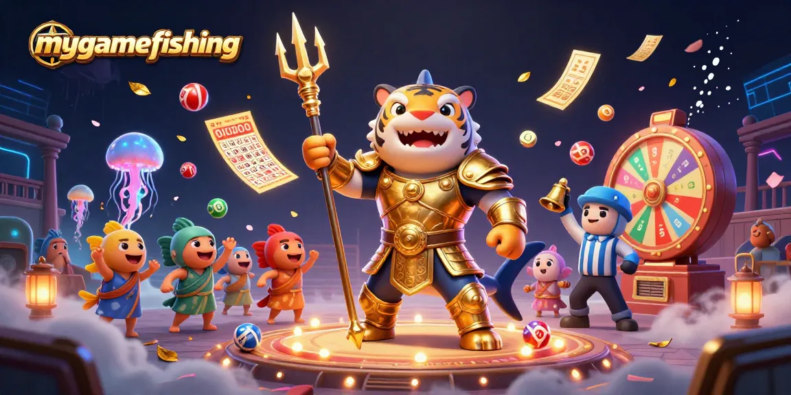 Engage with mygamefishing's thrilling underwater gaming scene featuring a glorious tiger shark amidst vibrant casino elements.