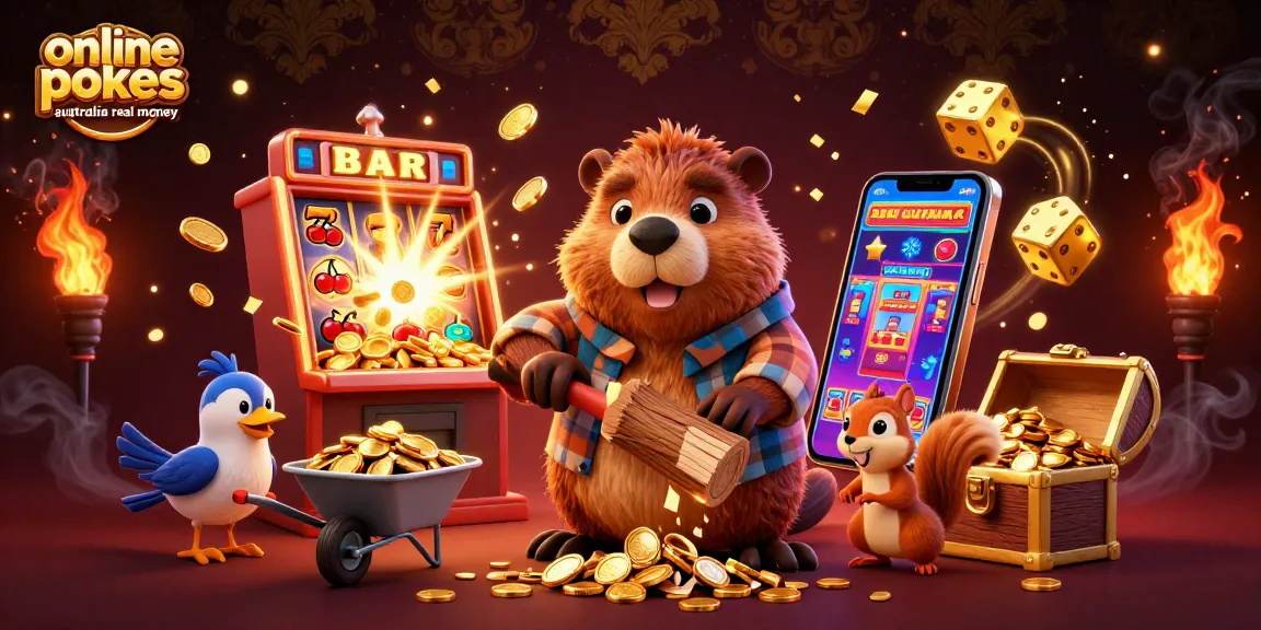 Play online pokies Australia real money with a vibrant scene featuring a beaver, bird, and squirrel collecting coins.