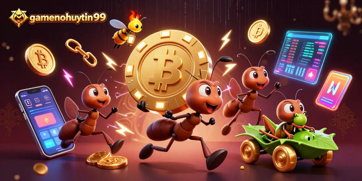 Experience excitement with gamenohuuytin99 as ants execute a thrilling heist amidst neon crypto coins.