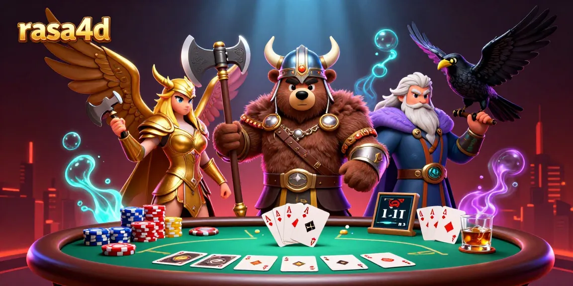 Gambarkan permainan kartu menarik dengan rasa4d dalam karakter Viking dan elemen kasino.
