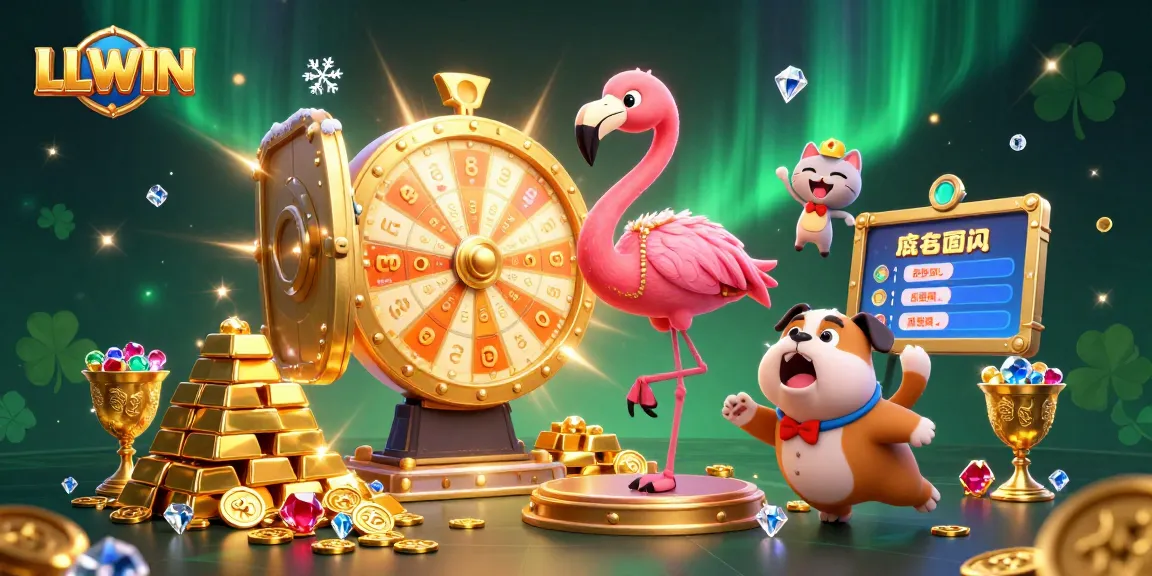 LLWIN captures the excitement of gaming with a vibrant casino scene showcasing captivating characters and a shimmering prize wheel.
