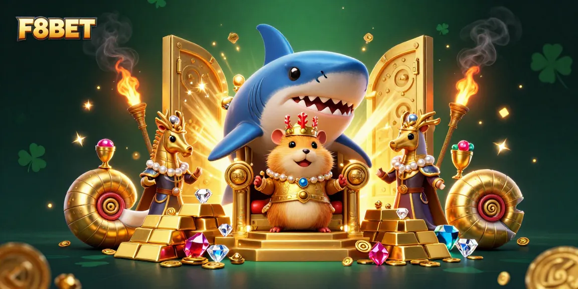Experience the vibrant world of F8BET with a golden hamster king ruling over treasures in a casino-themed scene.