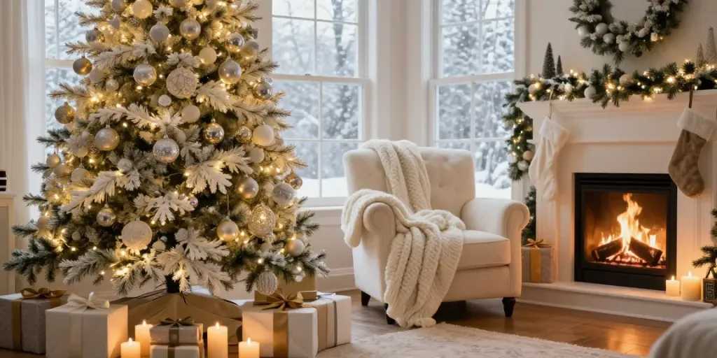 Christmas tree with white branches elegantly decorated in a cozy living room.