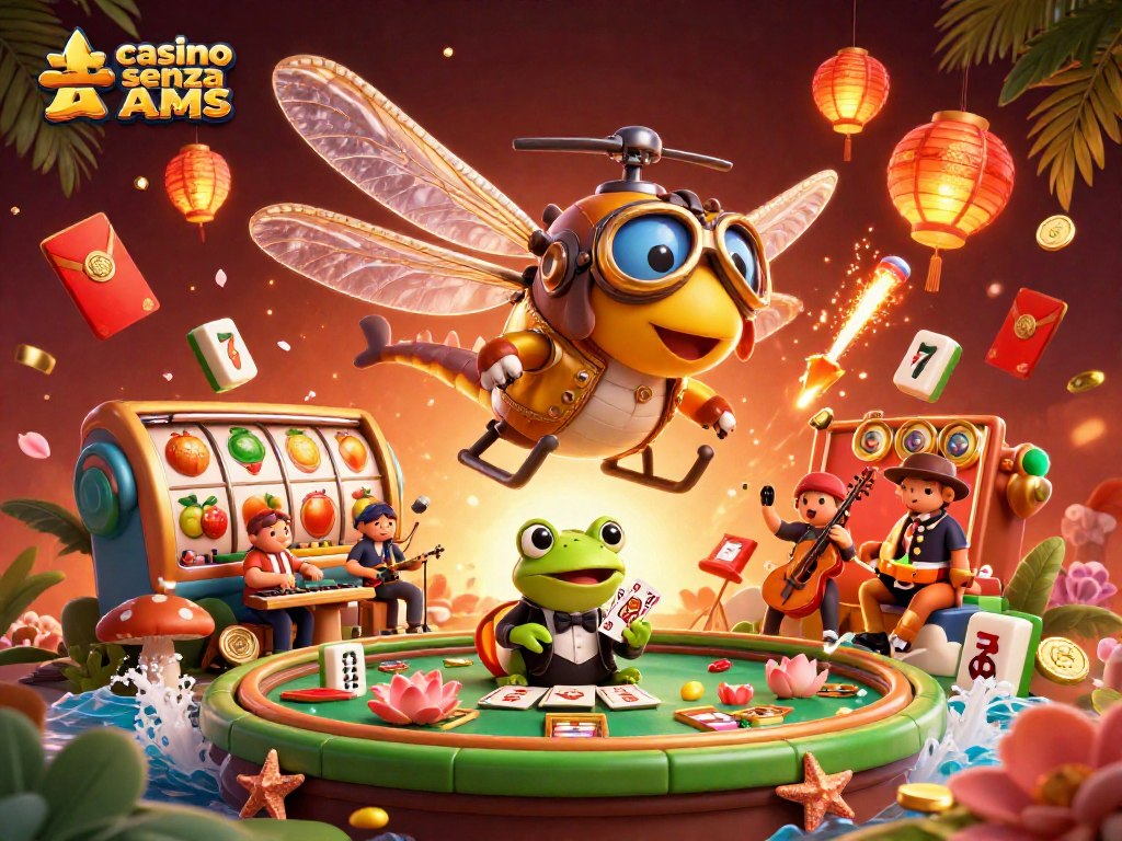 Gioca al casino senza AAMS con il nostro drago pilota e il croupier rana in un'illustrazione vivace.