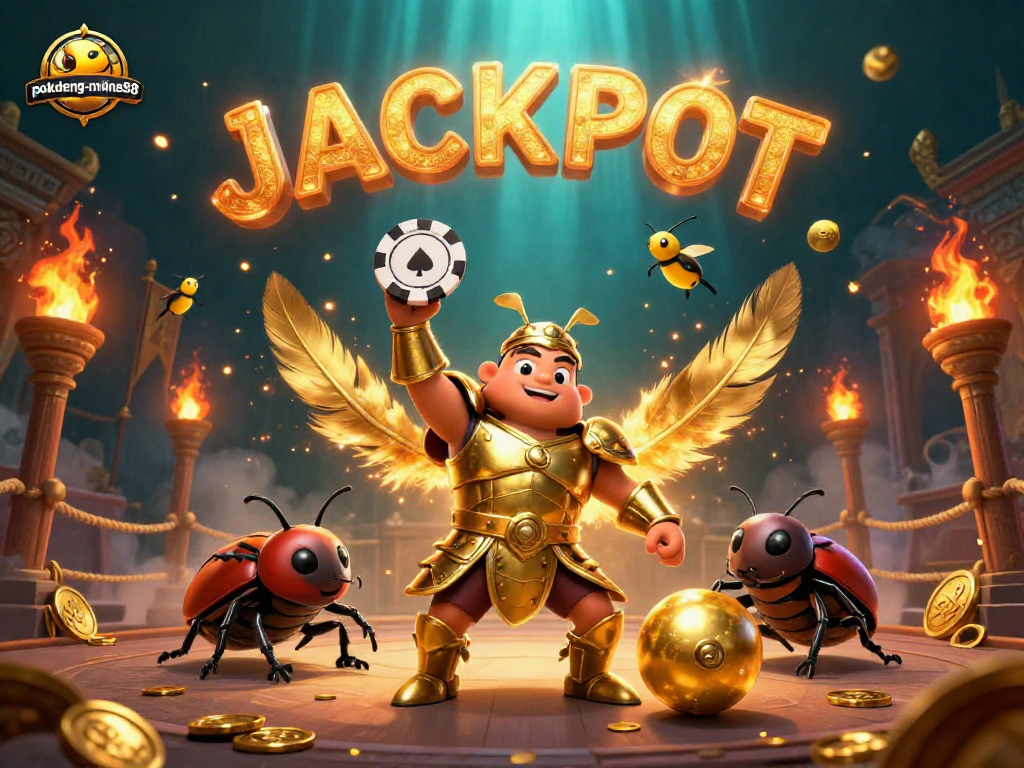 Experience the excitement of pokdeng-online88 with a heroic beetle lifting a poker chip amidst a vibrant jackpot scene.