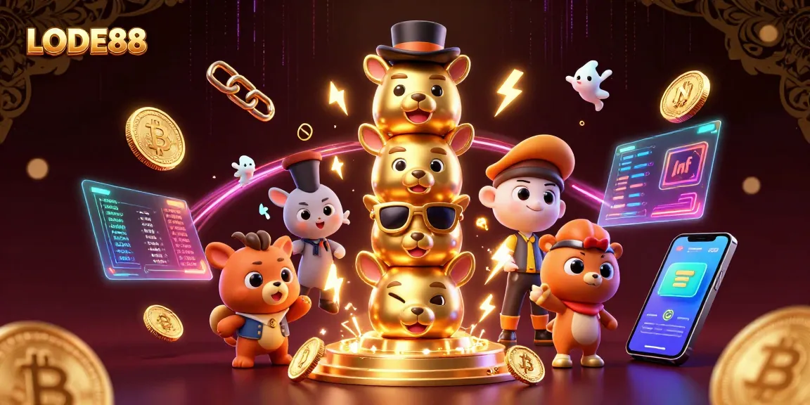 Engage with LODE88 in a vibrant 3D illustration showcasing cryptocurrency casino excitement.