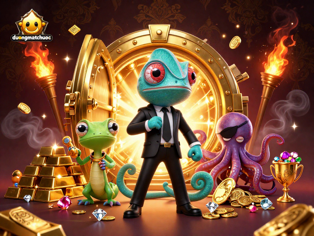 Engage with the duongmatchuoc experience, featuring vibrant 3D characters amidst a treasure-filled casino setting.