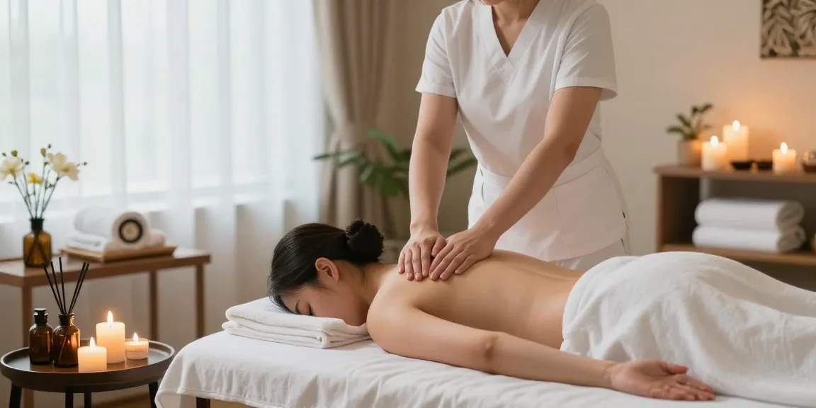 마사지 테라피 장면, 전문가가 고객에게 스웨디시 마사지를 제공하고 있는 모습