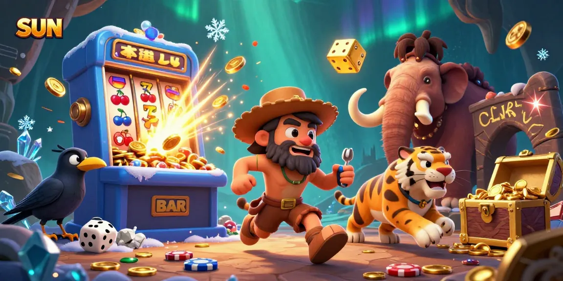 Sun-themed illustration of a lively prehistoric casino with vibrant game elements and characters.