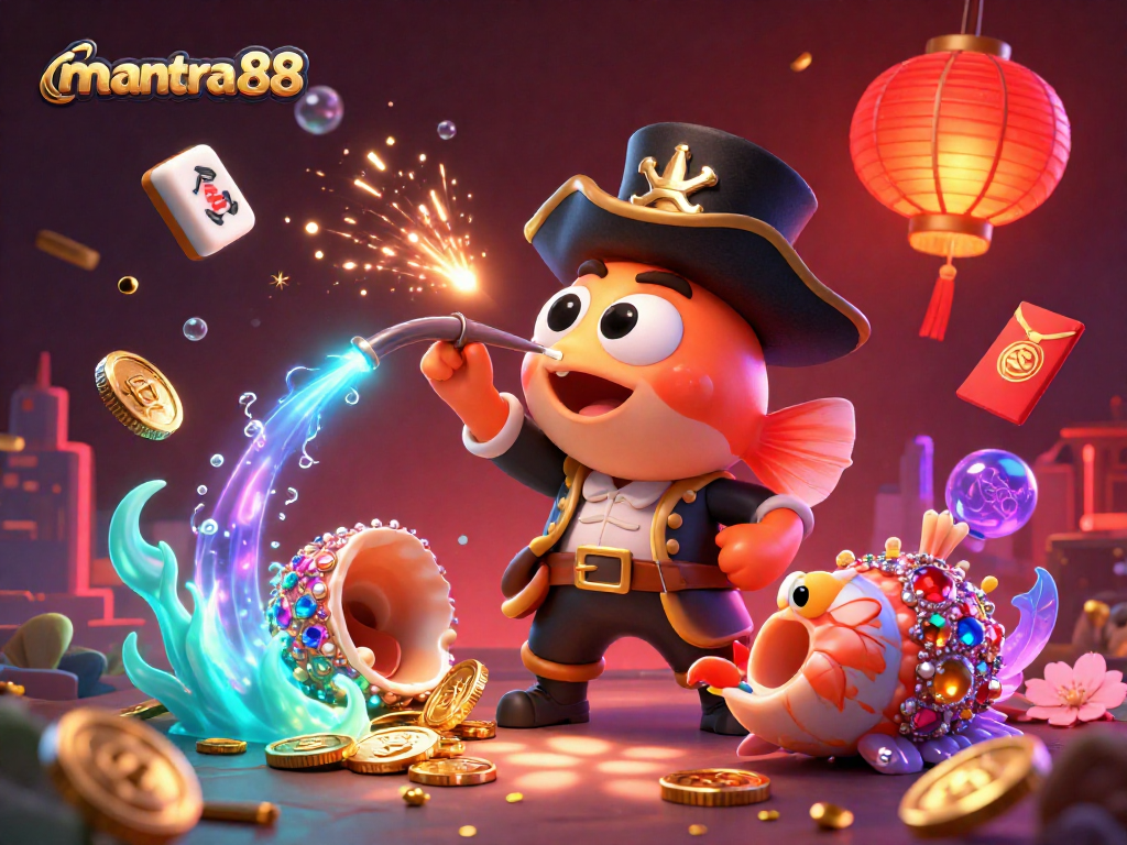 Engage in mantra88's vibrant 3D casino scene with glowing coins and sea-themed characters.